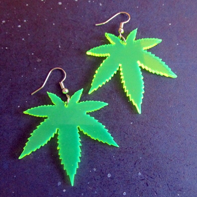 Big Neon Green Pot Leaf Dangle Earrings, 420 Weed Marijuana Rave Club Jewelry, Glows in Black Light image 2