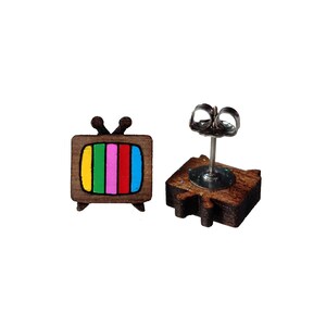 Little Retro CRT TV Color Test Bars Wood Stud Earrings, Tiny Vintage Television Console Studs, TV Jewelry image 8