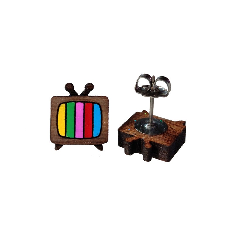 Little Retro CRT TV Color Test Bars Wood Stud Earrings, Tiny Vintage Television Console Studs, TV Jewelry image 8