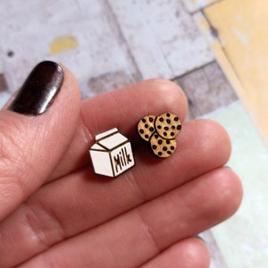 Milk and Cookies Stud Earrings, Milk Carton & Chocolate Chip Cookies Mismatch Wood Stud Earrings Pair, Funny Christmas Santa Gift Jewelry