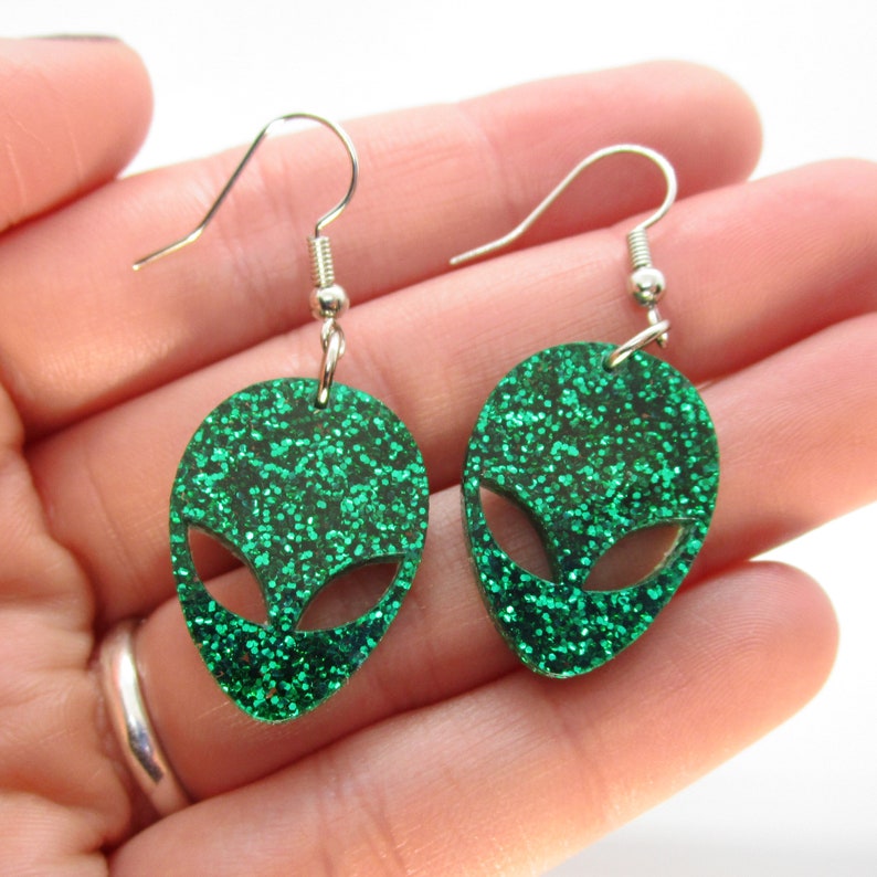 Glitter Green Alien Dangle Earrings Big Eye Space Aliens Etsy