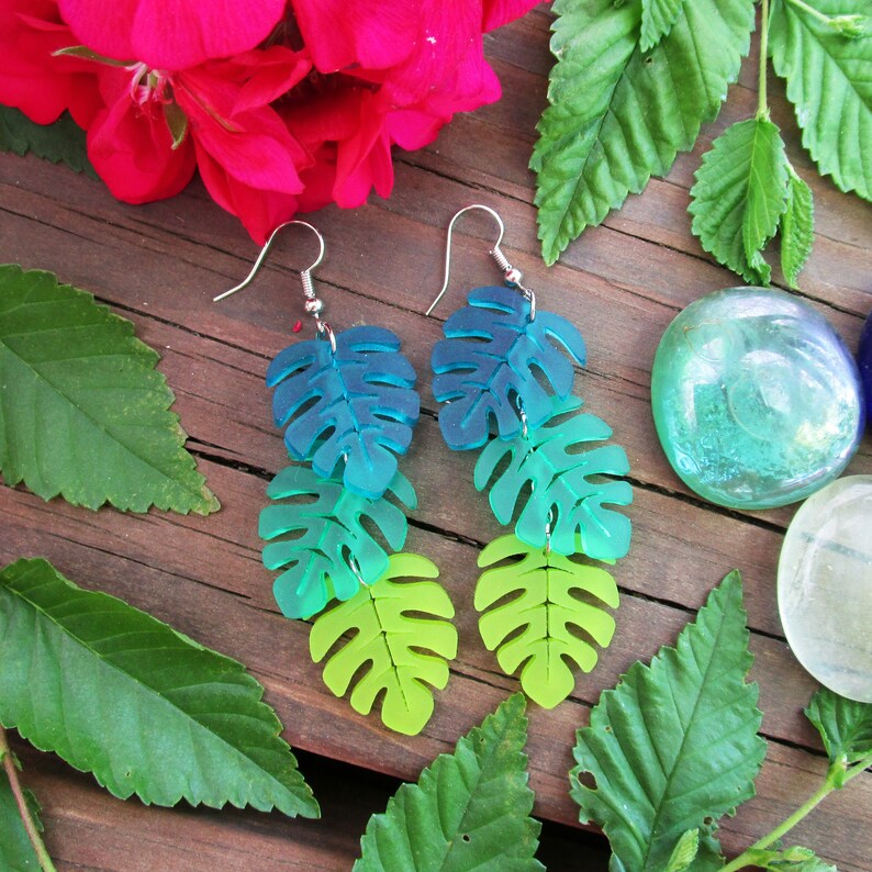 Monstera Leaf Tropical Leaves Cascading Dangle Earrings, Teal Green Chartreuse, Summer Luau Beach Jewelry image 6