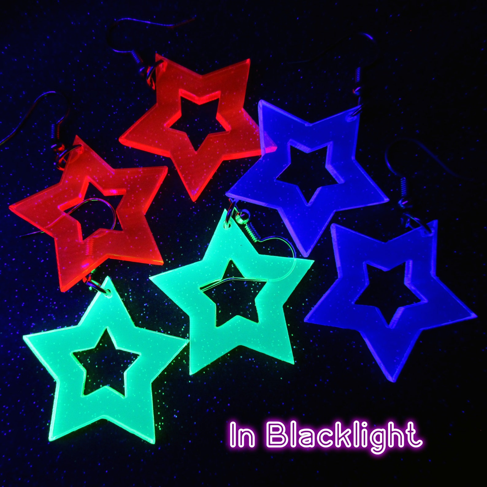 Glows in Black Light - Big 80s Neon Star Rave Earrings, Star Cutout ...
