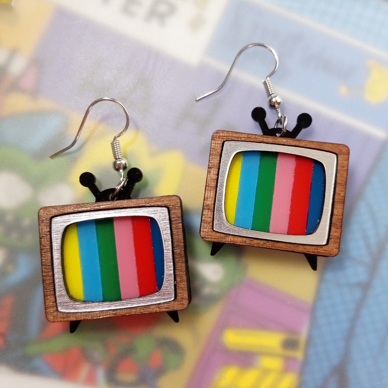 Cute Mismatch Nostalgic Retro Mod CRT SMTPE and/or Static Screen TV Statement Dangle Earrings, Classic Old Time Television Jewelry 2 Color Screen TVs