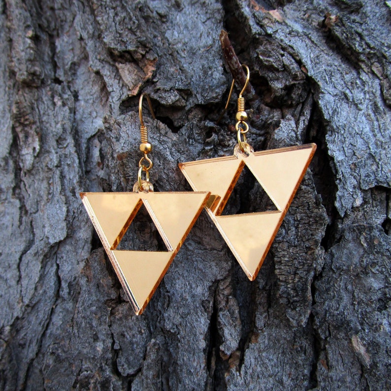 Princess Hilda's Triforce Earrings Zelda Cosplay, Reverse Upside Down Triforce, Gold Acrylic Big Dangle Hypoallergenic or Clip Ons image 1