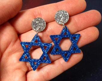 Glitter Blue Star of David Stud Earrings, Big Large Shiny Hanukkah Festival of Lights Dangle Earrings Jewelry