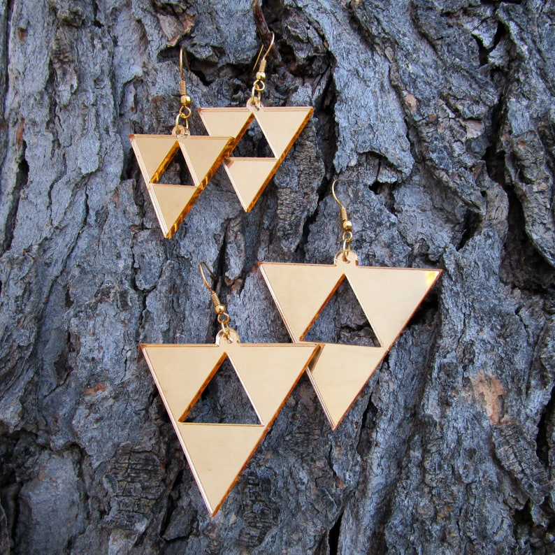 Princess Hilda's Triforce Earrings Zelda Cosplay, Reverse Upside Down Triforce, Gold Acrylic Big Dangle Hypoallergenic or Clip Ons image 4