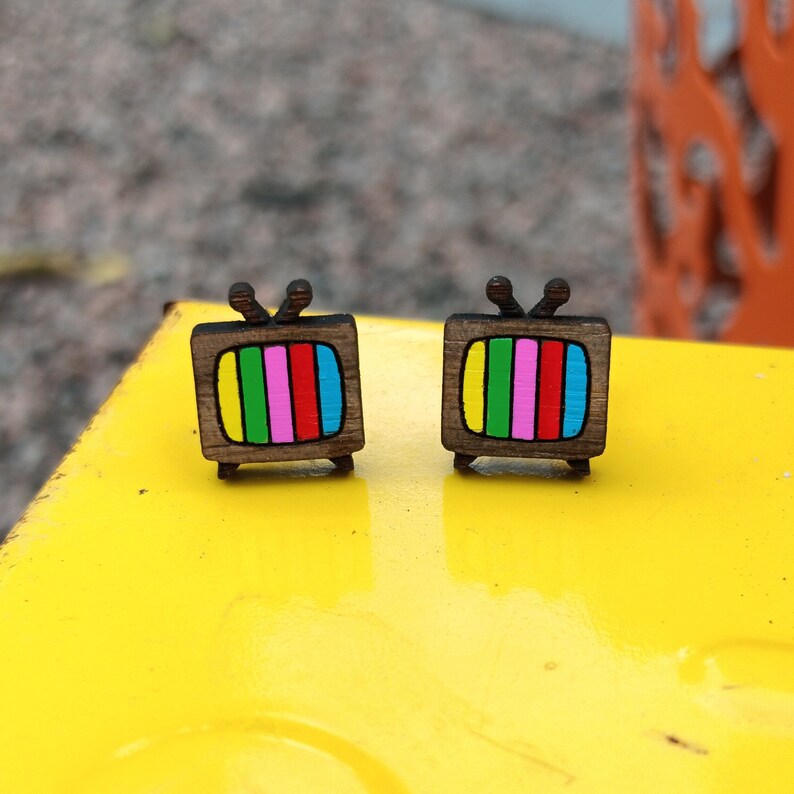 Little Retro CRT TV Color Test Bars Wood Stud Earrings, Tiny Vintage Television Console Studs, TV Jewelry image 6