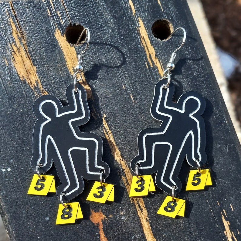 Body Chalk Outline & Evidence Markers Crime Scene Investigator CSI Dangle Earrings, Criminologist Murder Mystery Detective Party Accessories image 4