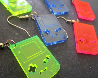 Retro Handheld Video Game Neon Dangle Earrings - Choose Color - Pink, Green & Blue 80s 90s Party Earrings - Rave Glow Jewelry