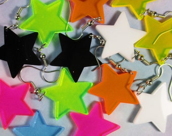 Neon Colors, White or Black Star Pendant Nickel Free Dangle Earrings, Cheap Inexpensive Rave Jewelry