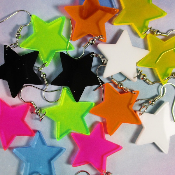 Neon Colors, White or Black Star Pendant Nickel Free Dangle Earrings, Cheap Inexpensive Rave Jewelry