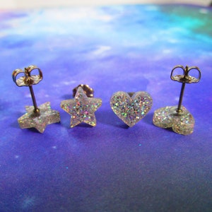 Small and Bright Hypoallergenic Iridescent Glitter Heart & Star Titanium Post Stud Set, 2 Pairs Earrings Set, Glitter Jewelry