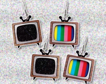 Cute Mismatch Nostalgic Retro Mod CRT SMTPE and/or Static Screen TV Statement Dangle Earrings, Classic Old Time Television Jewelry