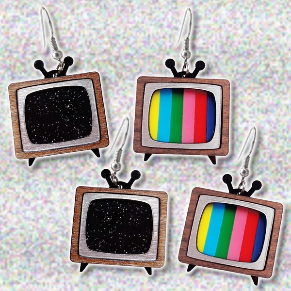 Mignon décalage nostalgique rétro mod CRT SMTPE et/ou écran statique déclaration TV boucles d'oreilles pendantes, bijoux classiques de télévision à l'ancienne