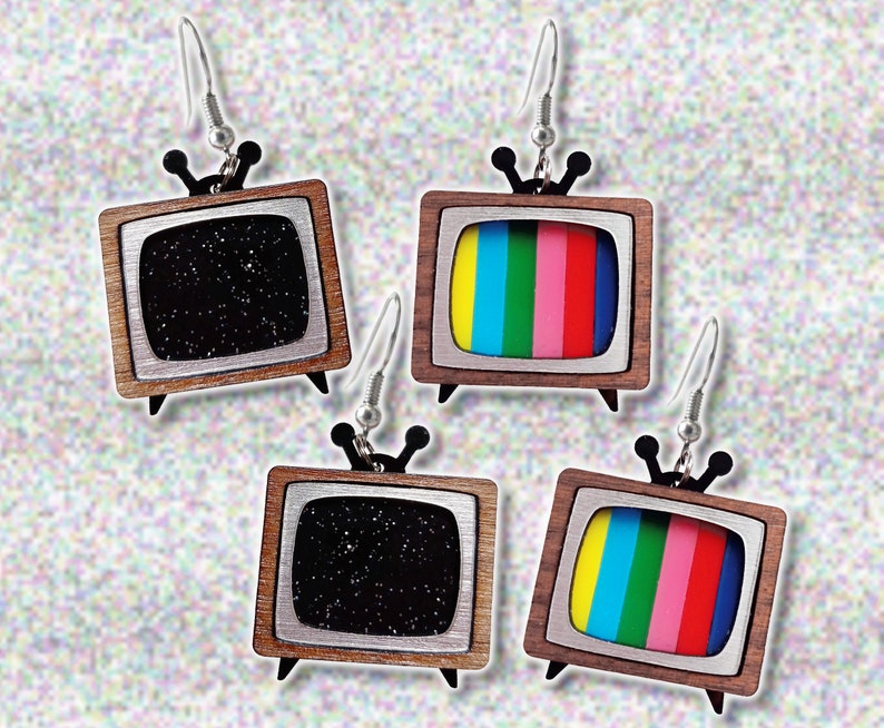 Cute Mismatch Nostalgic Retro Mod CRT SMTPE and/or Static Screen TV Statement Dangle Earrings, Classic Old Time Television Jewelry image 1