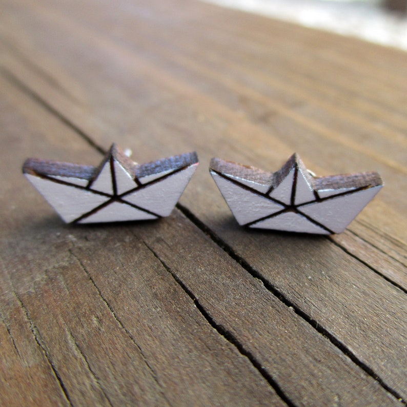 Origami Paper Boat White Painted Wood Stud Earrings Sailor 