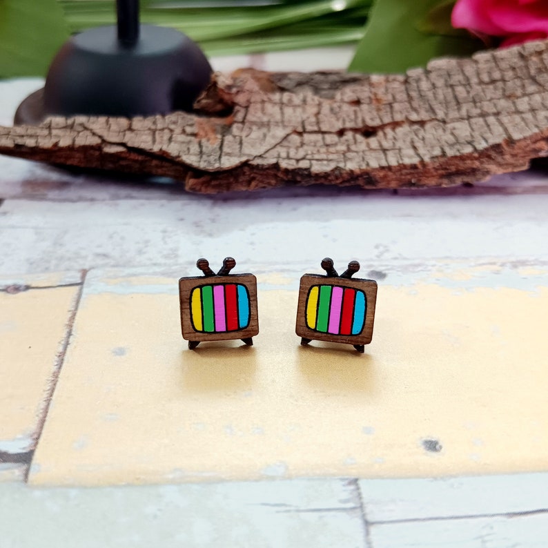 Little Retro CRT TV Color Test Bars Wood Stud Earrings