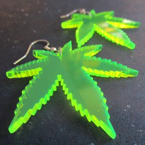 Big Neon Green Pot Leaf Dangle Earrings, 420 Weed Marijuana Rave Club Jewelry, Glows in Black Light image 5