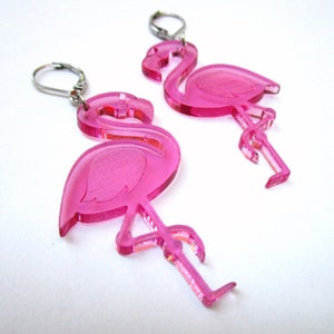 Big Pink Flamingo Earrings with Lever Back Clasps, Hula Luau Summer Dangle Earrings, John Waters Flamingo Decora Harajuku Statement Earrings