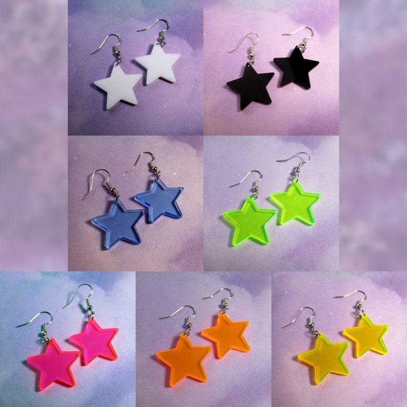 Neon Colors, White or Black Star Pendant Nickel Free Dangle Earrings, Cheap Inexpensive Rave Jewelry image 7