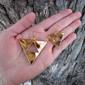 Princess Hilda's Triforce Earrings Zelda Cosplay, Reverse Upside Down Triforce, Gold Acrylic Big Dangle Hypoallergenic or Clip Ons image 3