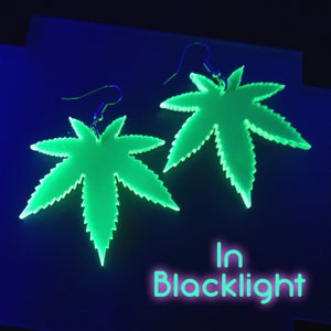 Big Neon Green Pot Leaf Dangle Earrings, 420 Weed Marijuana Rave Club Jewelry, Glows in Black Light image 3