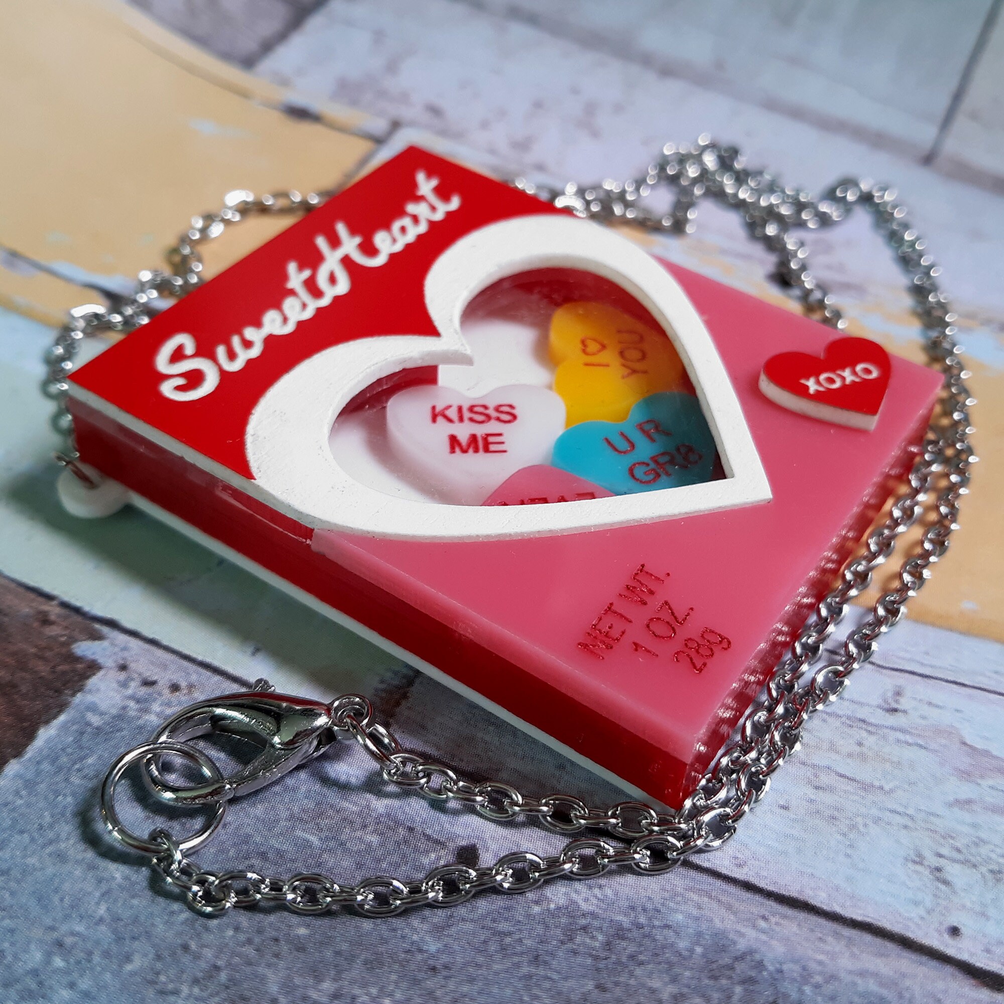 Sweetheart Conversation Hearts Candy Box Valentines Day Pendant Necklace,  Funny Interactive 3D Acrylic Be My Valentine Statement Jewelry 