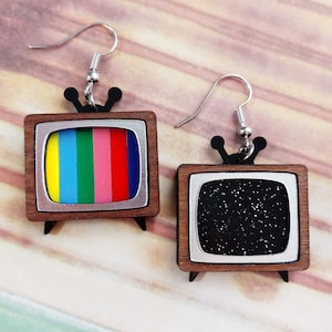 Cute Mismatch Nostalgic Retro Mod CRT SMTPE and/or Static Screen TV Statement Dangle Earrings, Classic Old Time Television Jewelry 1 Static& 1 Color TV