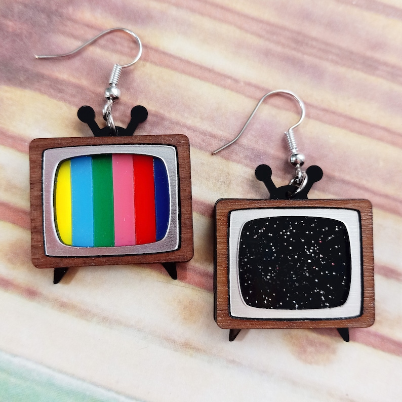 Cute Mismatch Nostalgic Retro Mod CRT SMTPE and/or Static Screen TV Statement Dangle Earrings, Classic Old Time Television Jewelry 1 Static& 1 Color TV
