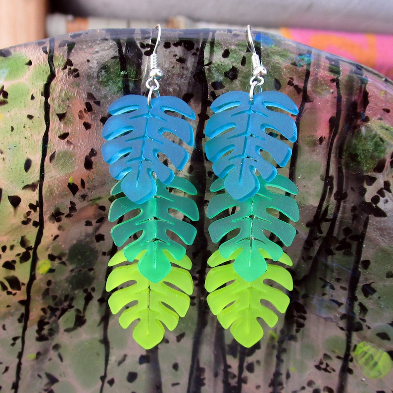 Monstera Leaf Tropical Leaves Cascading Dangle Earrings, Teal Green Chartreuse, Summer Luau Beach Jewelry image 2