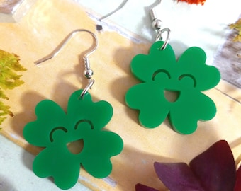 Happy Shamrock Earrings, Cute Kawaii Green Four Leaf Clover Dangle Earrings, St Patrick's Day Green Jewelry