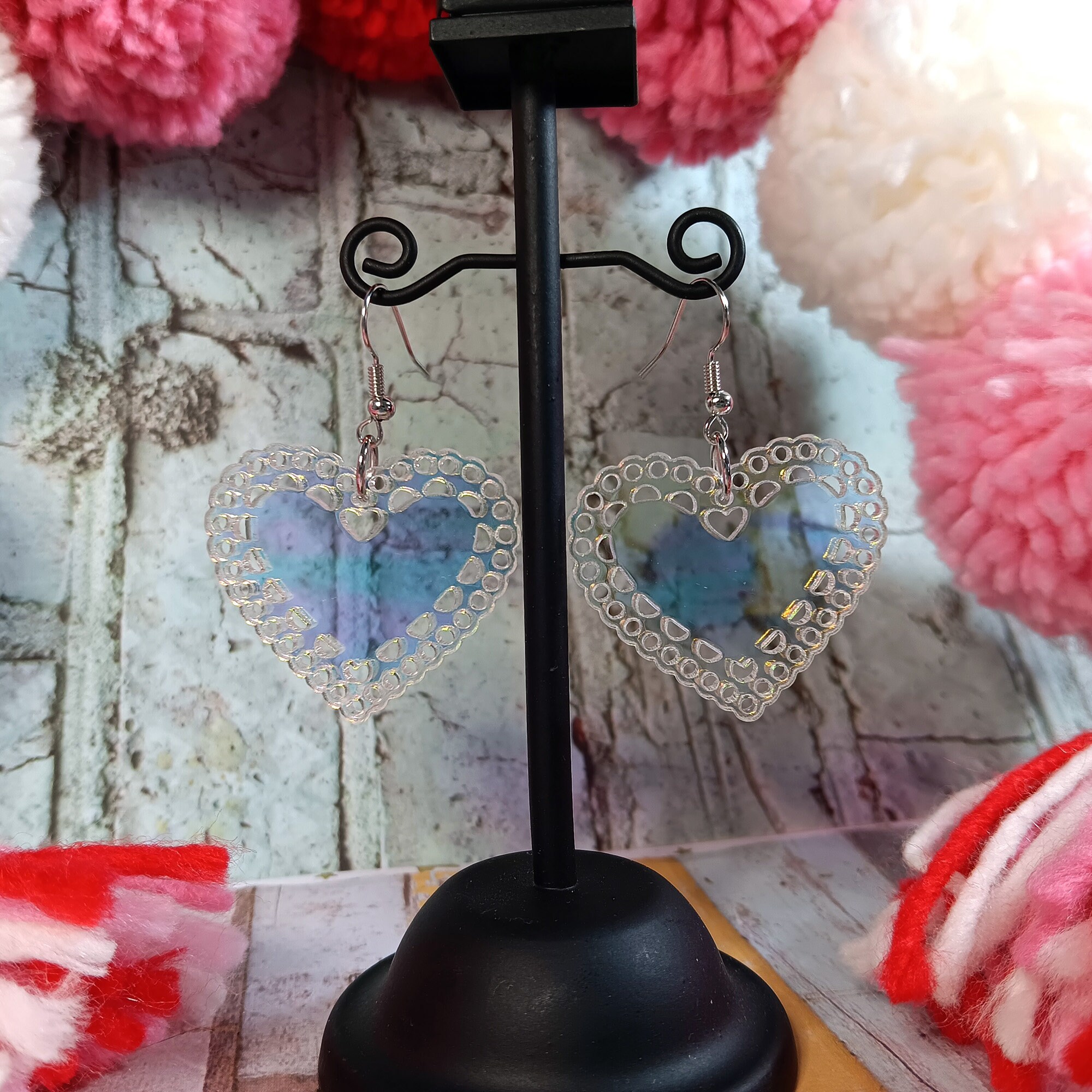 Big Iridescent Lace Heart Doily Valentine's Day Acrylic Dangle