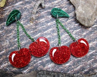 Red and Green Glitter Big Twin Cherries Dangle Stud Earrings, Large Hypoallergenic Lolita Pinup Girl Classic Cherry Studs Jewelry