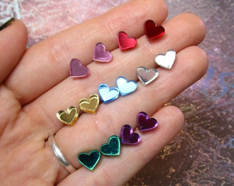 2 PAIRS Little Shiny Mirror Choose Your Favorite Colors HEART Stud Earrings Set, Metal Free Hypoallergenic Plastic Posts Jewelry Set