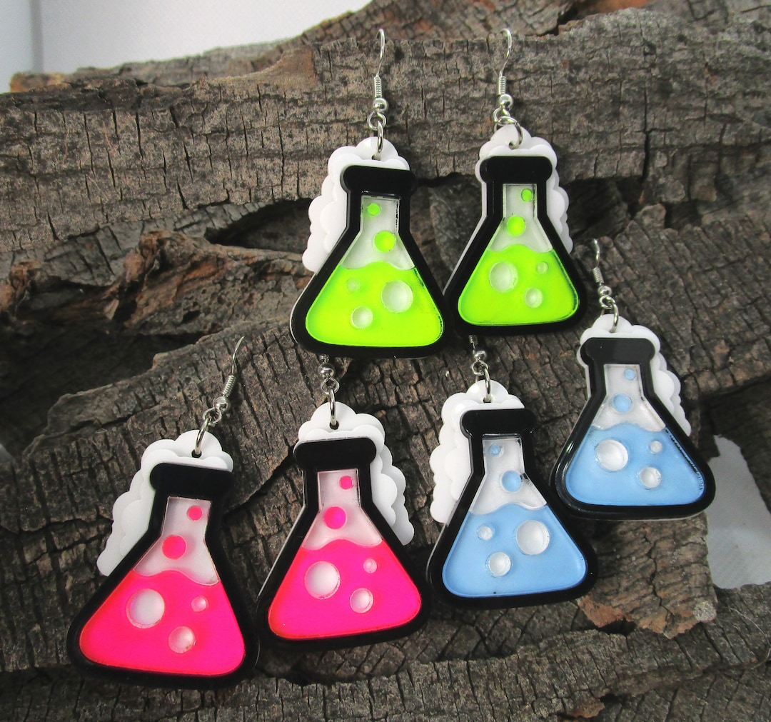 Chemistry Science Beaker Flask Experiment Dangle Earrings, Glow Black
