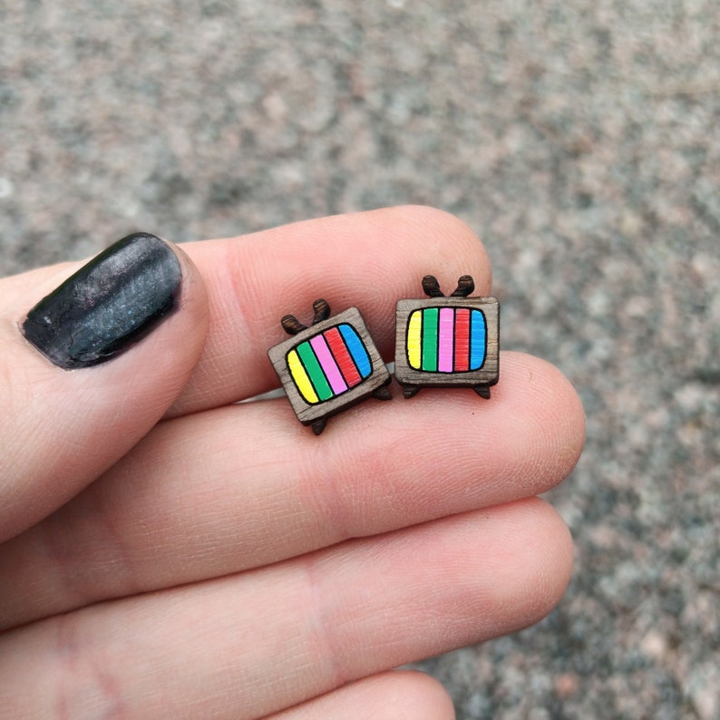 Little Retro CRT TV Color Test Bars Wood Stud Earrings, Tiny Vintage Television Console Studs, TV Jewelry image 5