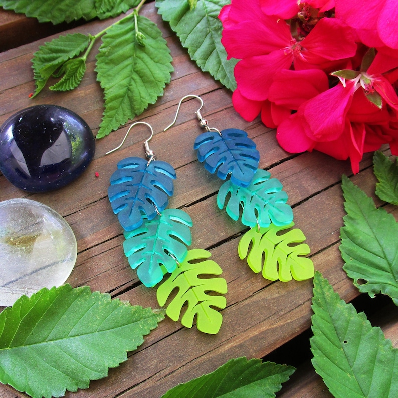 Monstera Leaf Tropical Leaves Cascading Dangle Earrings, Teal Green Chartreuse, Summer Luau Beach Jewelry image 1