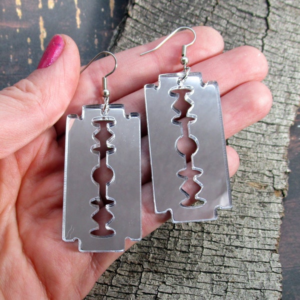 Big Double Sided Safety Razor Earrings, Large Shiny Mirror Razor Blade Edgy Goth Statement Earrings