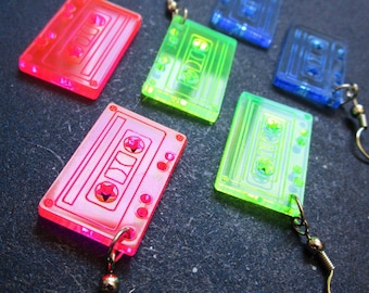 Retro Tape Cassette Earrings, 80s Neon Pink, Green & Blue Dangle Tape Earrings, Dance Party Rave Jewelry