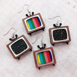 Cute Mismatch Nostalgic Retro Mod CRT SMTPE and/or Static Screen TV Statement Dangle Earrings, Classic Old Time Television Jewelry image 3