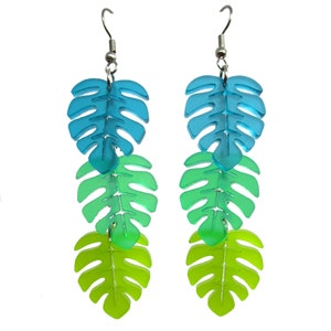 Monstera Leaf Tropical Leaves Cascading Dangle Earrings, Teal Green Chartreuse, Summer Luau Beach Jewelry image 7