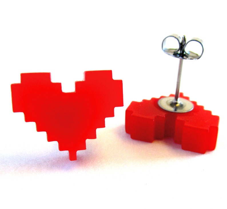 Red 8 Bit Pixel Life Heart Video Game Stud Earrings, Red Heart Gamer Unisex Valentines Day Gift Jewelry image 8