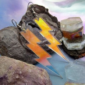 Big Iridescent Lightning Bolt Dangle Earrings, Large Long Lightning Bolts Rave Edgy Colorful Super Fun Jewelry