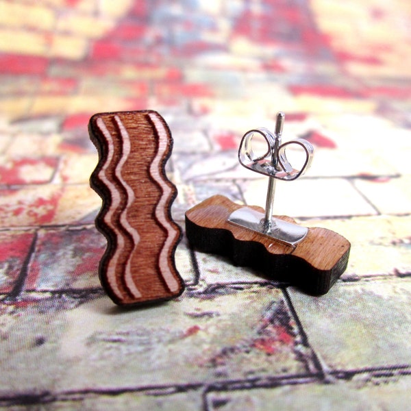 Delicious Natural Cherry Wooden Bacon Stud Earrings, Brunch Earrings, Breakfast Wood Bacon Studs, Hypoallergenic Post