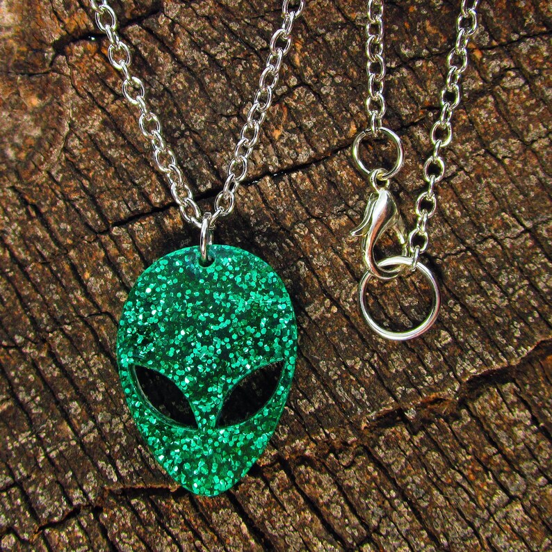 Green Glitter Big Eye Alien Pendant Necklace, Outer Space Galaxy Jewelry, Gift for Space Girls image 2