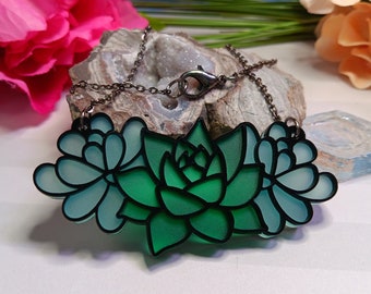 Succulent Stained Glass Style Acrylic Statement Necklace Jewelry Plant Gift