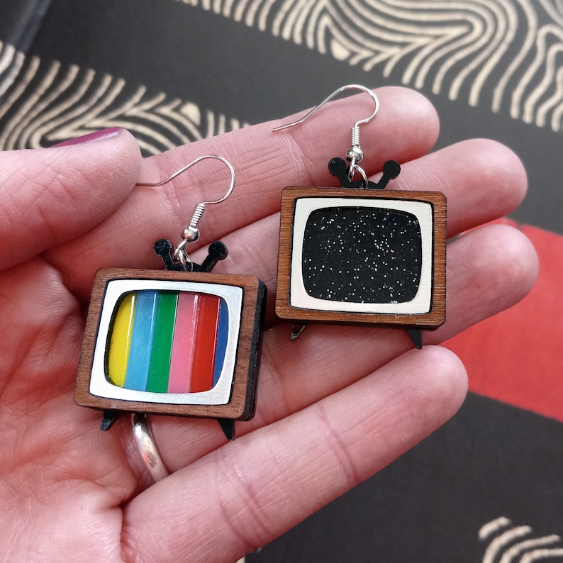 Cute Mismatch Nostalgic Retro Mod CRT SMTPE and/or Static Screen TV Statement Dangle Earrings, Classic Old Time Television Jewelry image 2