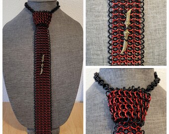 Anodized Aluminum Chainmaille Tie with Sword Charm Accent