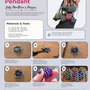 Op de afbeelding: Een digitale handleiding voor een maliënkolder draak-ei hanger van Lady Maillerie's Designs. De gids bevat stapsgewijze instructies met genummerde foto's die de assemblage van 16g ringen tot een getextureerde, eivormige hanger laten zien.